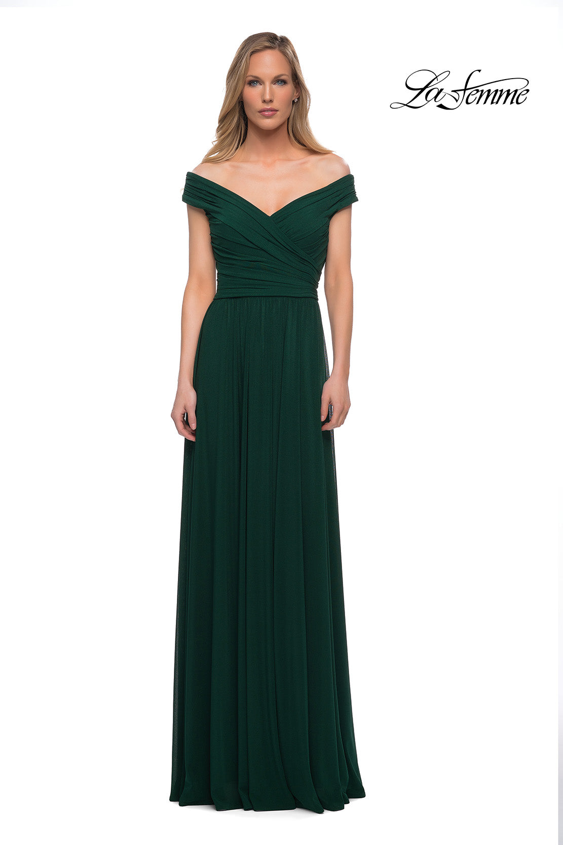 Picture of: Off the Shoulder Net Jersey Long Dress with Ruching in Emerald, Main Picture