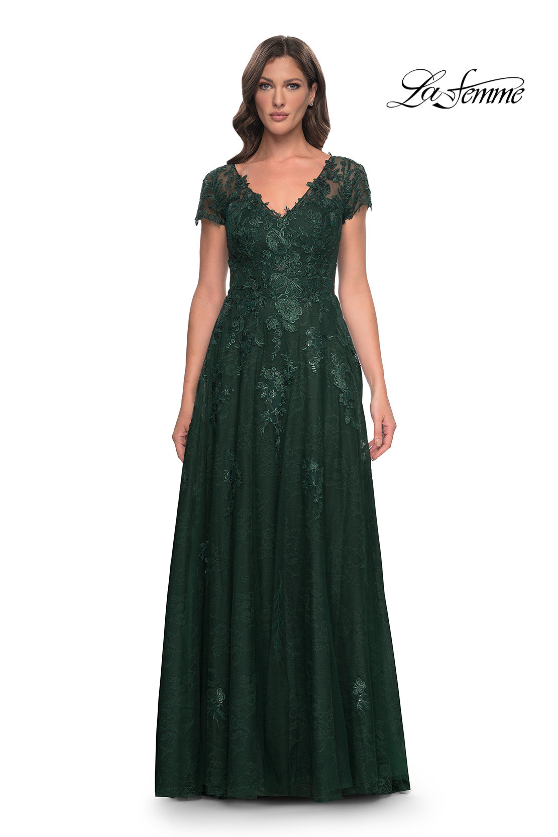 Picture of: A-Line Dress with Lace Applique and Sheer Short Sleeves in Emerald, Style: 30168, Main Picture
