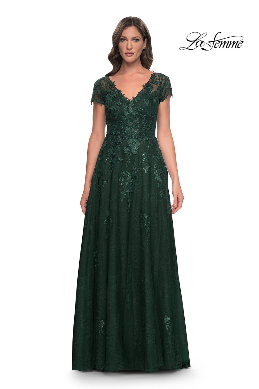 Picture of: A-Line Dress with Lace Applique and Sheer Short Sleeves in Emerald, Style: 30168, Main Picture
