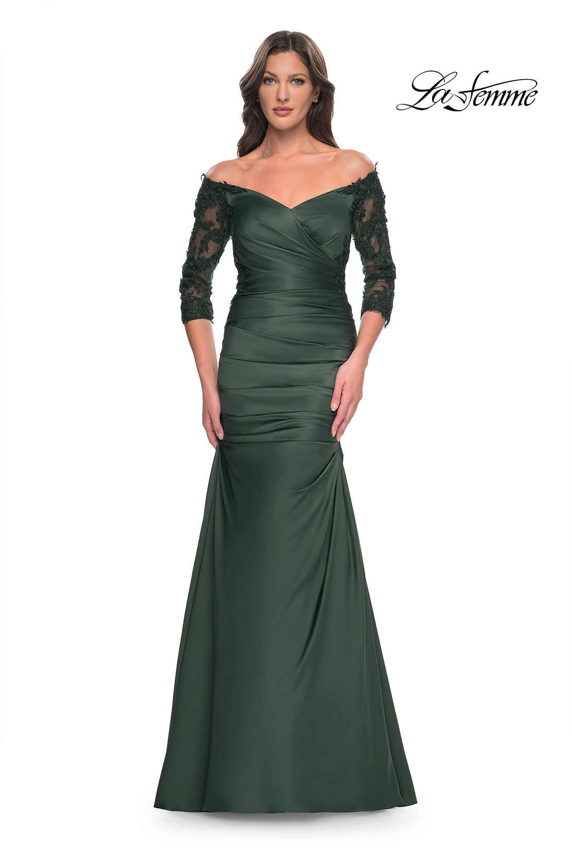 Picture of: Mermaid Satin Dress with Gathering and Off the Shoulder Top in Emerald, Style: 30853, Main Picture