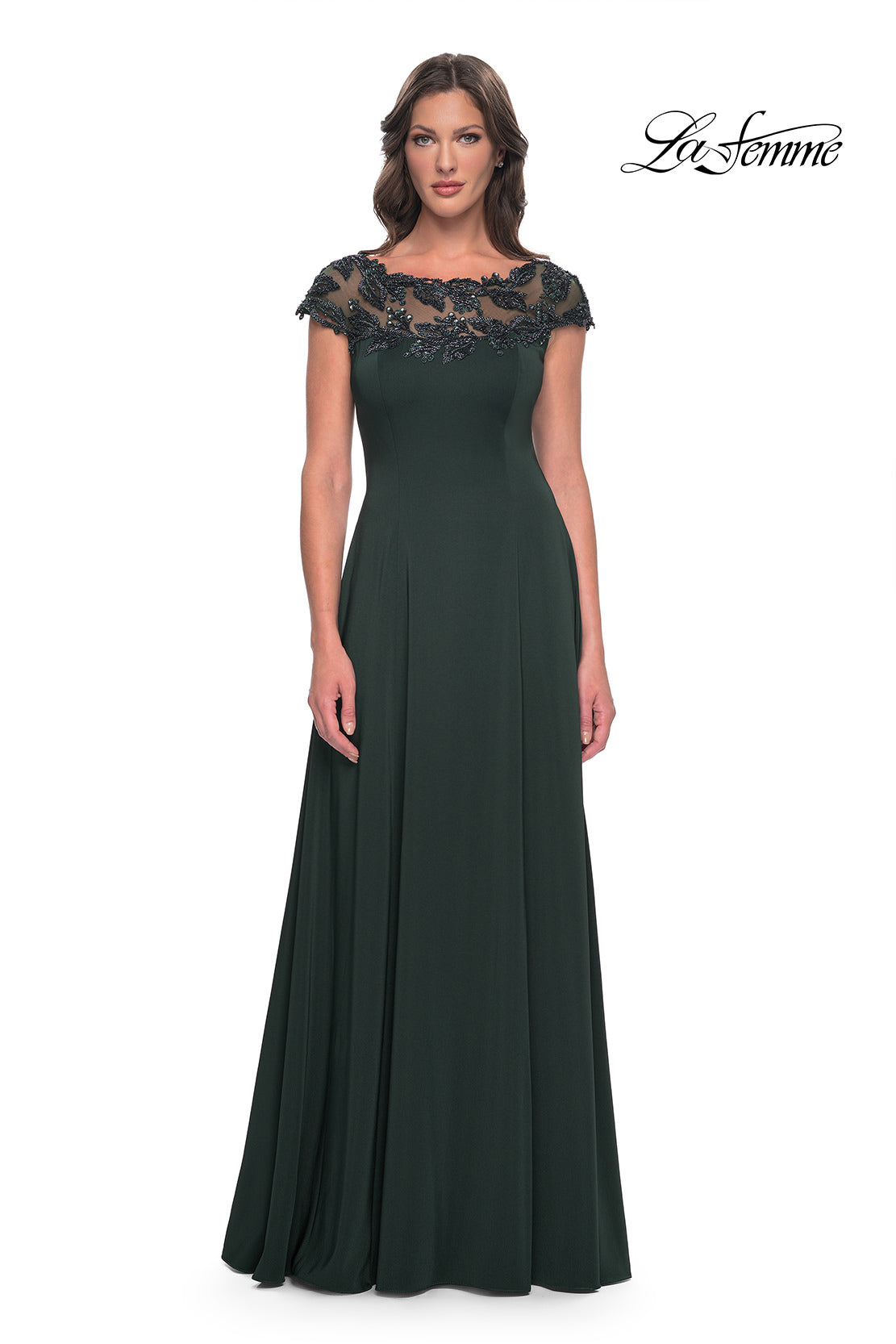 Picture of: A-Line Satin Dress with Stunning Beaded Neckline and Short Sleeves in Emerald, Style: 31195, Main Picture