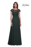 Picture of: A-Line Satin Dress with Stunning Beaded Neckline and Short Sleeves in Emerald, Style: 31195, Main Picture