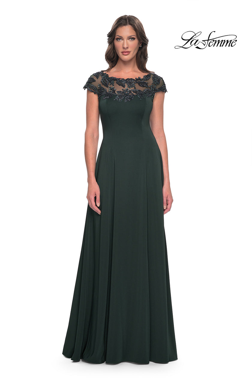 Picture of: A-Line Satin Dress with Stunning Beaded Neckline and Short Sleeves in Emerald, Style: 31195, Main Picture