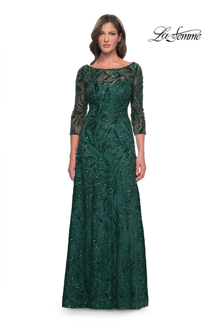 Picture of: Beautiful Beaded Long Dress with Illusion Sleeves in Emerald, Style: 31690, Main Picture