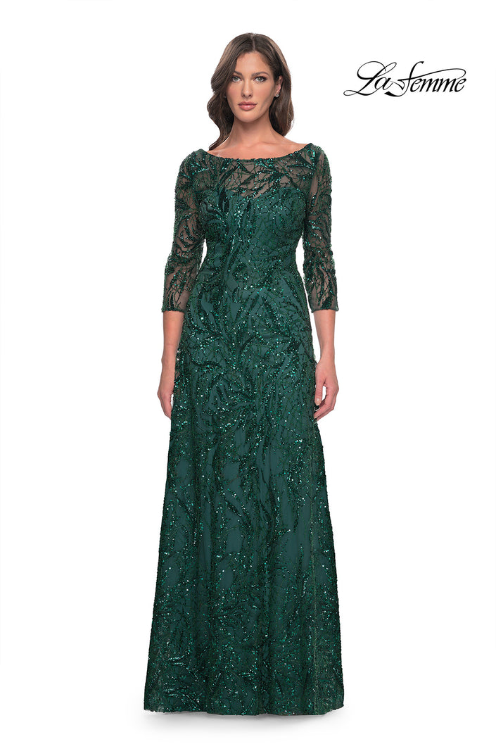 Picture of: Beautiful Beaded Long Dress with Illusion Sleeves in Emerald, Style: 31690, Main Picture