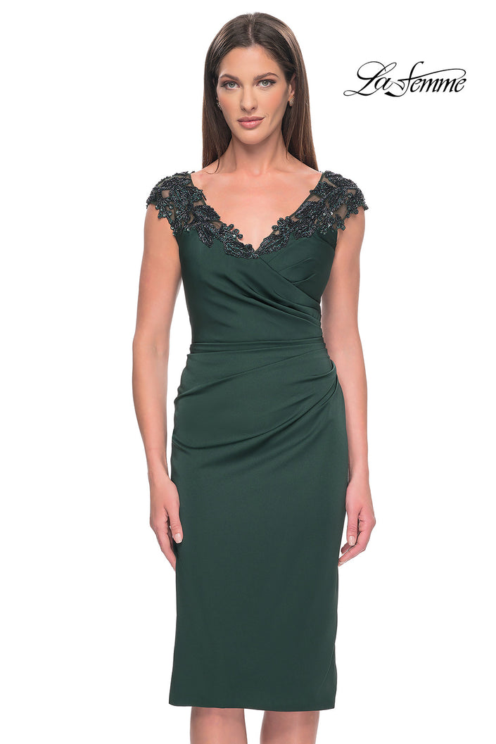 Picture of: Short Satin Evening Dress with Beaded Details in Emerald, Style: 31839, Main Picture