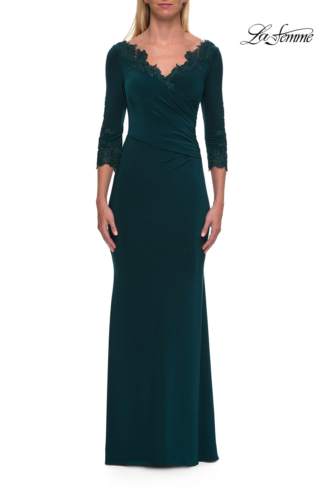 Picture of: V-Neck Lace Trim Gown with Three-Quarter Sleeves in Emerald, Style: 33658, Main Picture