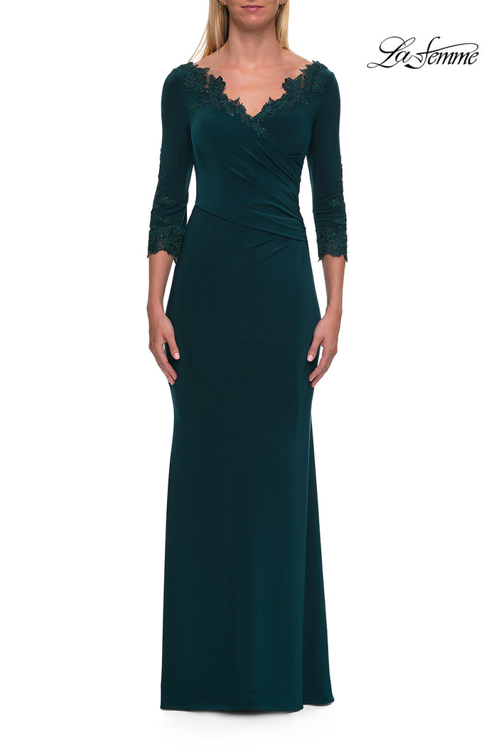 Picture of: V-Neck Lace Trim Gown with Three-Quarter Sleeves in Emerald, Style: 33658, Main Picture