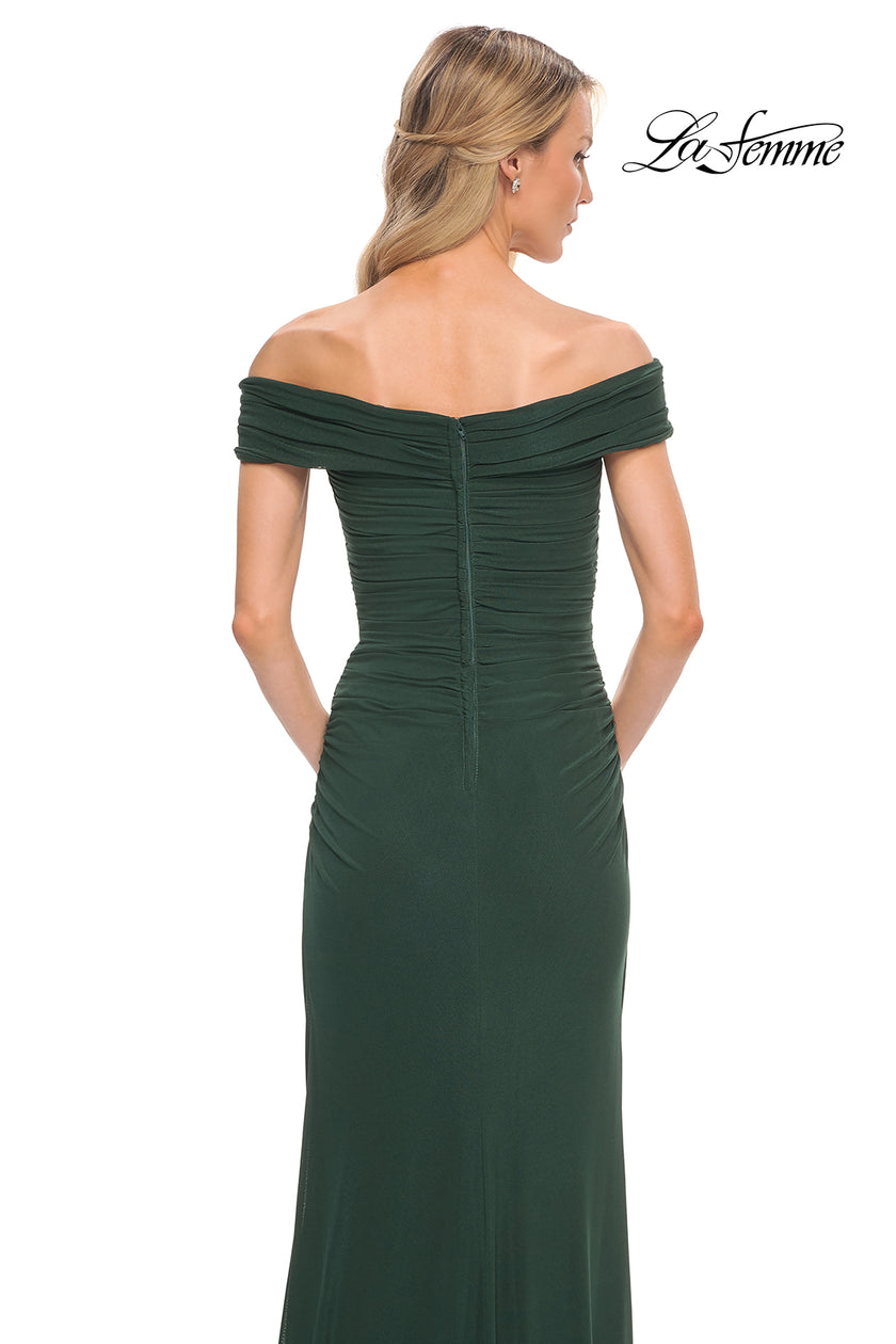 Picture of: Ruched Off the Shoulder Net Jersey Evening Dress in Emerald, Detail Picture 8