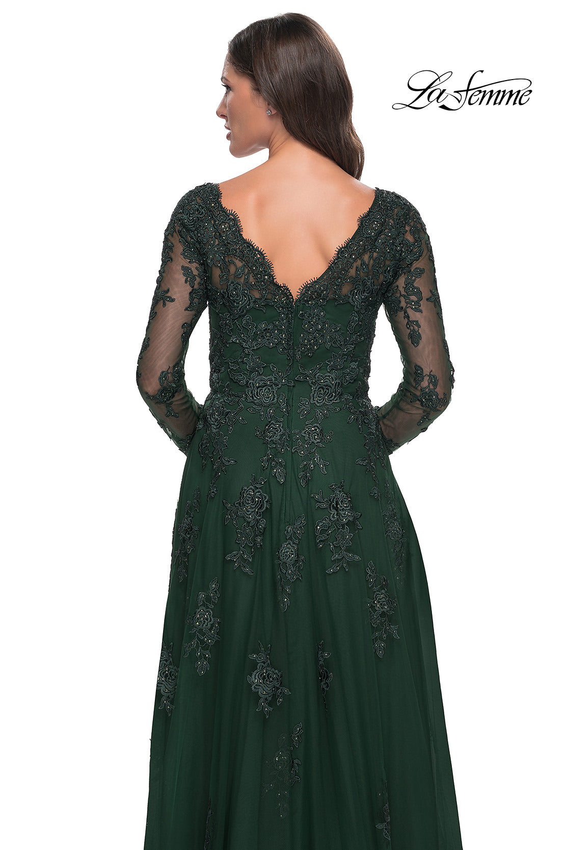 Picture of: Long Sleeve Lace and Tulle Dress with V Neckline in Emerald, Style: 30795, Detail Picture 10