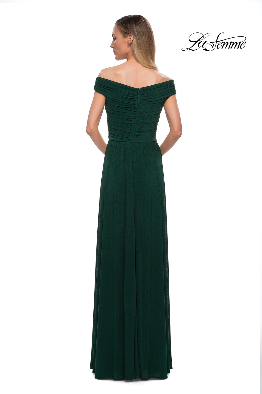 Picture of: Off the Shoulder Net Jersey Long Dress with Ruching in Emerald, Back Picture