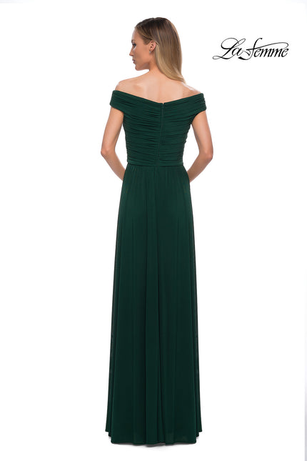 Picture of: Off the Shoulder Net Jersey Long Dress with Ruching in Emerald, Back Picture