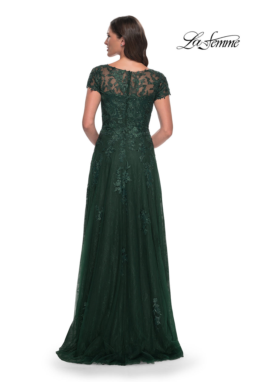 Picture of: A-Line Dress with Lace Applique and Sheer Short Sleeves in Emerald, Style: 30168, Back Picture