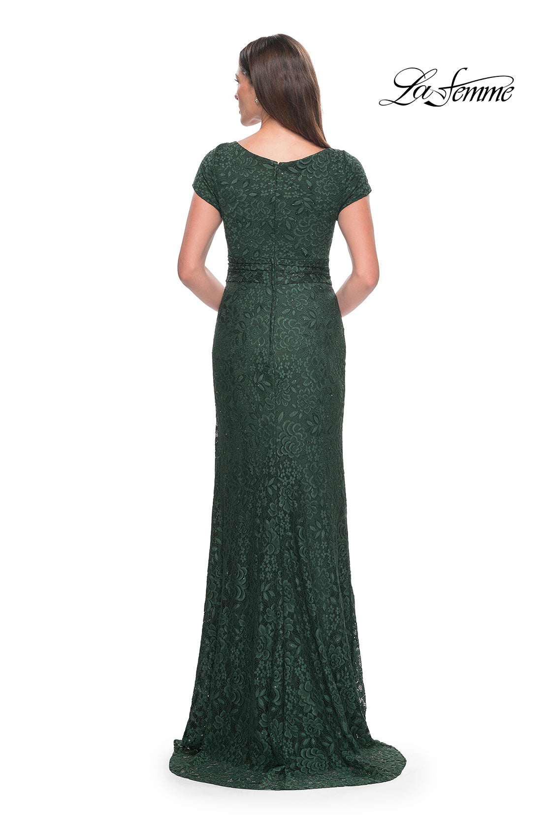 Picture of: Stretch Lace Evening Dress with Short Sleeves in Emerald, Style: 30797, Back Picture
