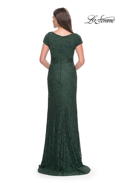 Picture of: Stretch Lace Evening Dress with Short Sleeves in Emerald, Style: 30797, Back Picture