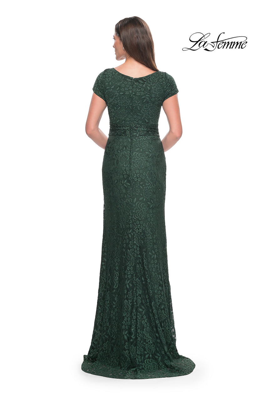 Picture of: Stretch Lace Evening Dress with Short Sleeves in Emerald, Style: 30797, Back Picture