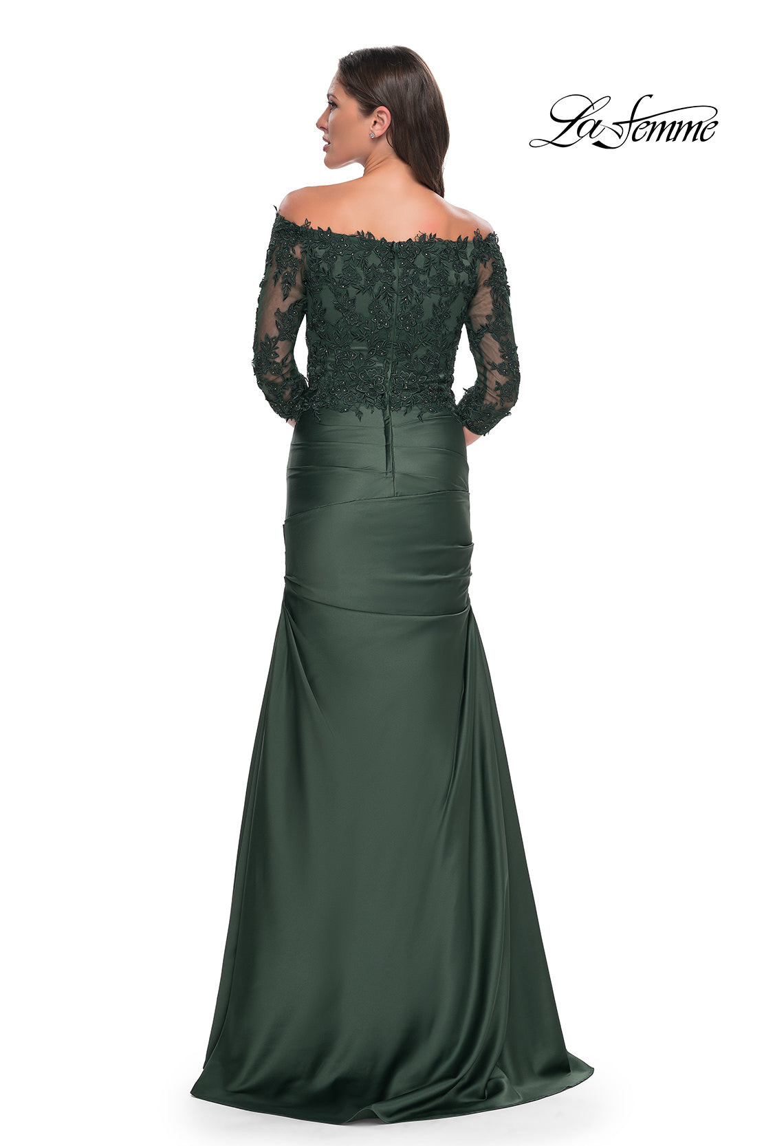 Picture of: Mermaid Satin Dress with Gathering and Off the Shoulder Top in Emerald, Style: 30853, Back Picture