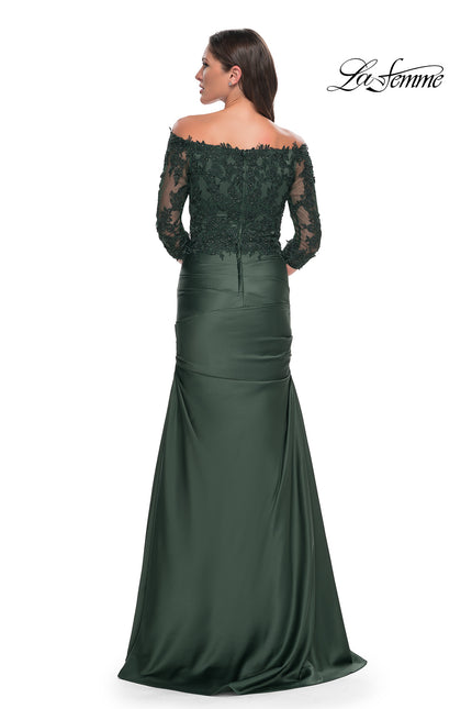Picture of: Mermaid Satin Dress with Gathering and Off the Shoulder Top in Emerald, Style: 30853, Back Picture
