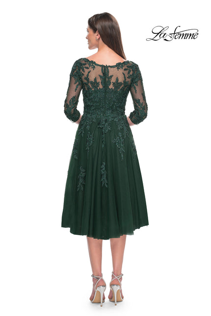 Picture of: Tulle and Lace Knee Length Evening Dress in Emerald, Style: 30964, Back Picture