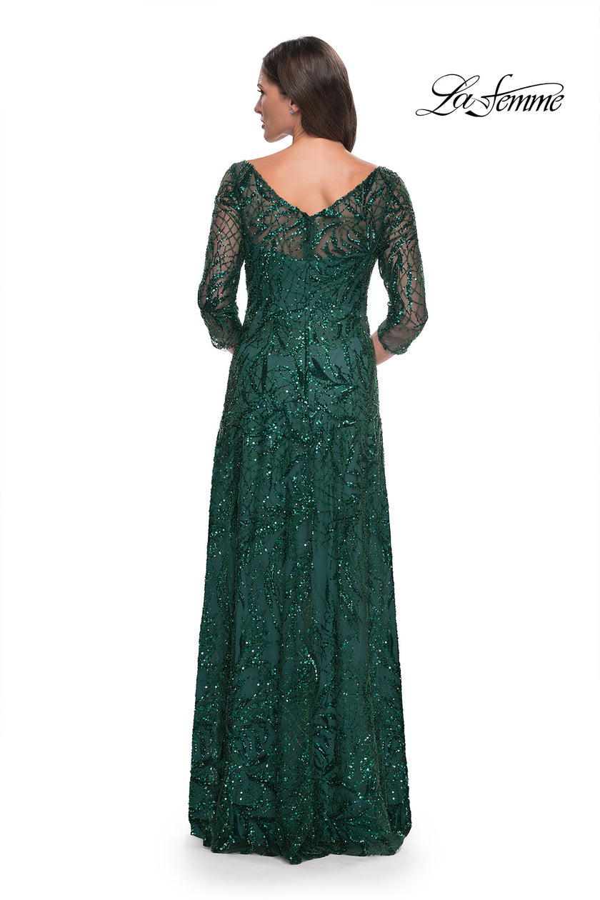 Picture of: Beautiful Beaded Long Dress with Illusion Sleeves in Emerald, Style: 31690, Back Picture