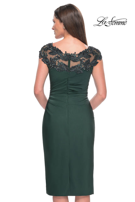 Picture of: Short Satin Evening Dress with Beaded Details in Emerald, Style: 31839, Back Picture