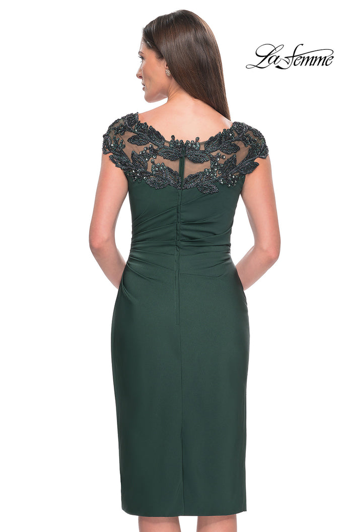 Picture of: Short Satin Evening Dress with Beaded Details in Emerald, Style: 31839, Back Picture