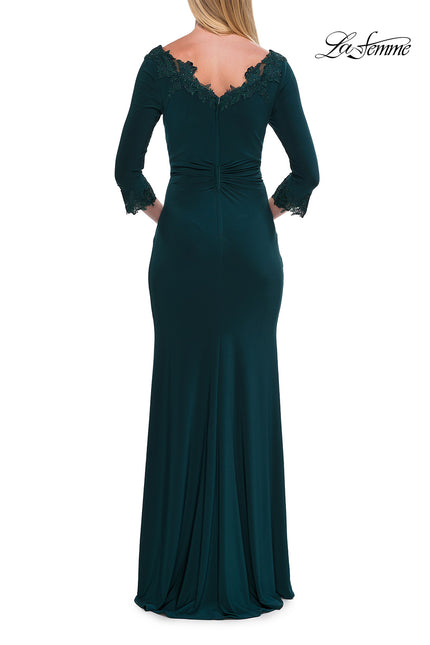 Picture of: V-Neck Lace Trim Gown with Three-Quarter Sleeves in Emerald, Style: 33658, Back Picture
