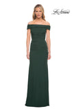 Picture of: Ruched Off the Shoulder Net Jersey Evening Dress in Emerald, Detail Picture 1