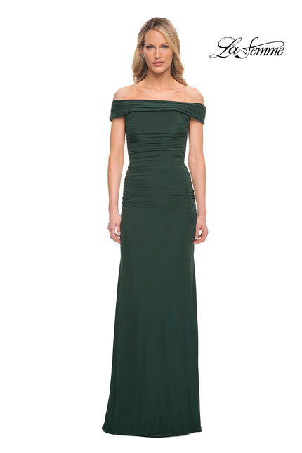 Picture of: Ruched Off the Shoulder Net Jersey Evening Dress in Emerald, Detail Picture 1