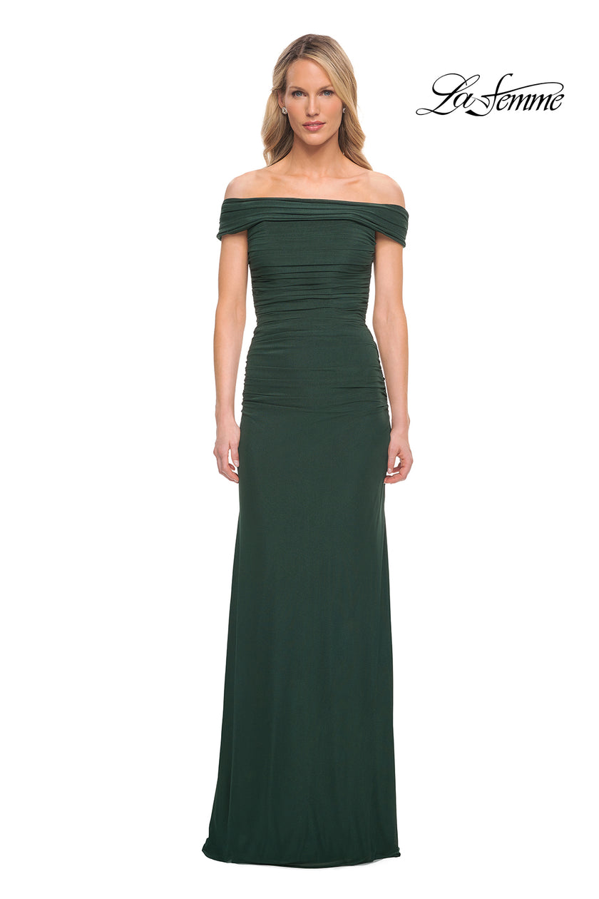 Picture of: Ruched Off the Shoulder Net Jersey Evening Dress in Emerald, Detail Picture 1