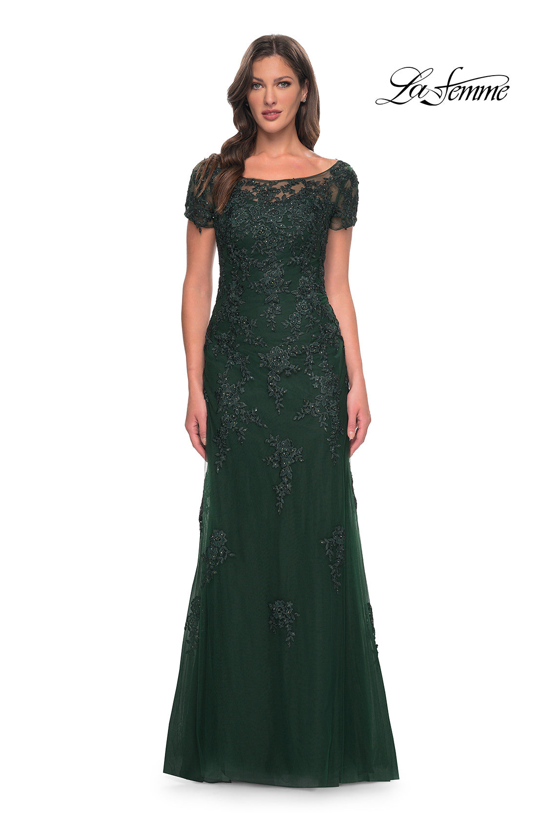 Picture of: Lace and Net Fitted Long Mother of the Bride Dress in Emerald, Style: 29792, Detail Picture 1