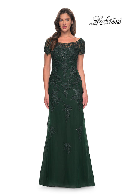 Picture of: Lace and Net Fitted Long Mother of the Bride Dress in Emerald, Style: 29792, Detail Picture 1