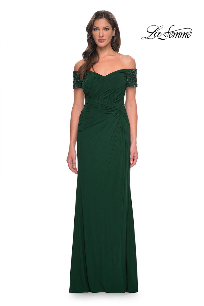 Picture of: Net Jersey Long Gown with Exquisite Beaded Design in Emerald, Style: 30057, Detail Picture 1