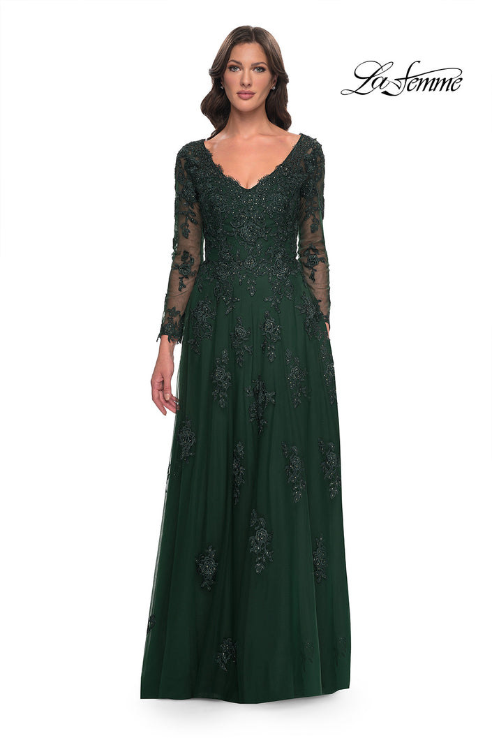 Picture of: Long Sleeve Lace and Tulle Dress with V Neckline in Emerald, Style: 30795, Detail Picture 1