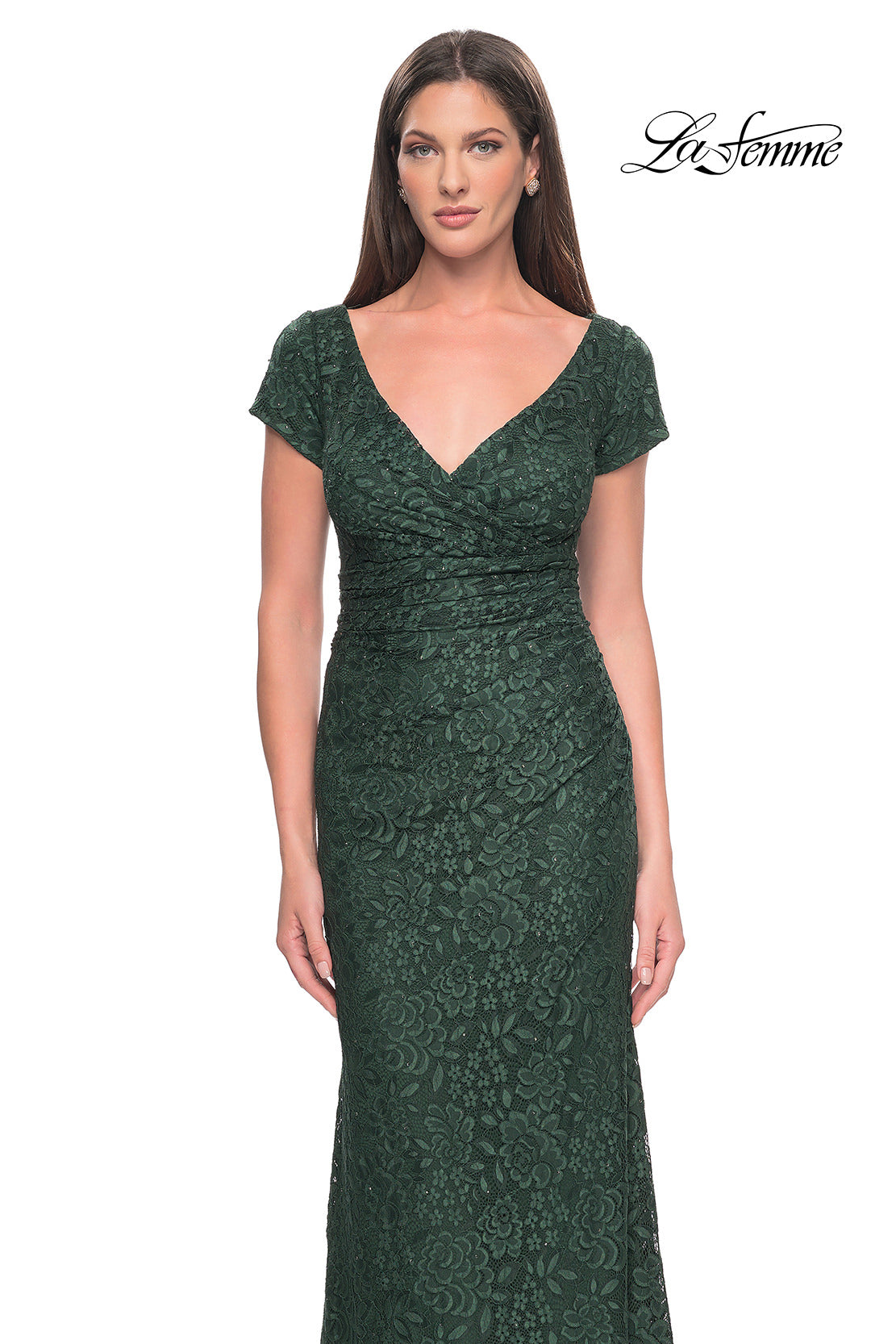 Picture of: Stretch Lace Evening Dress with Short Sleeves in Emerald, Style: 30797, Detail Picture 1