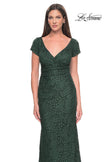 Picture of: Stretch Lace Evening Dress with Short Sleeves in Emerald, Style: 30797, Detail Picture 1
