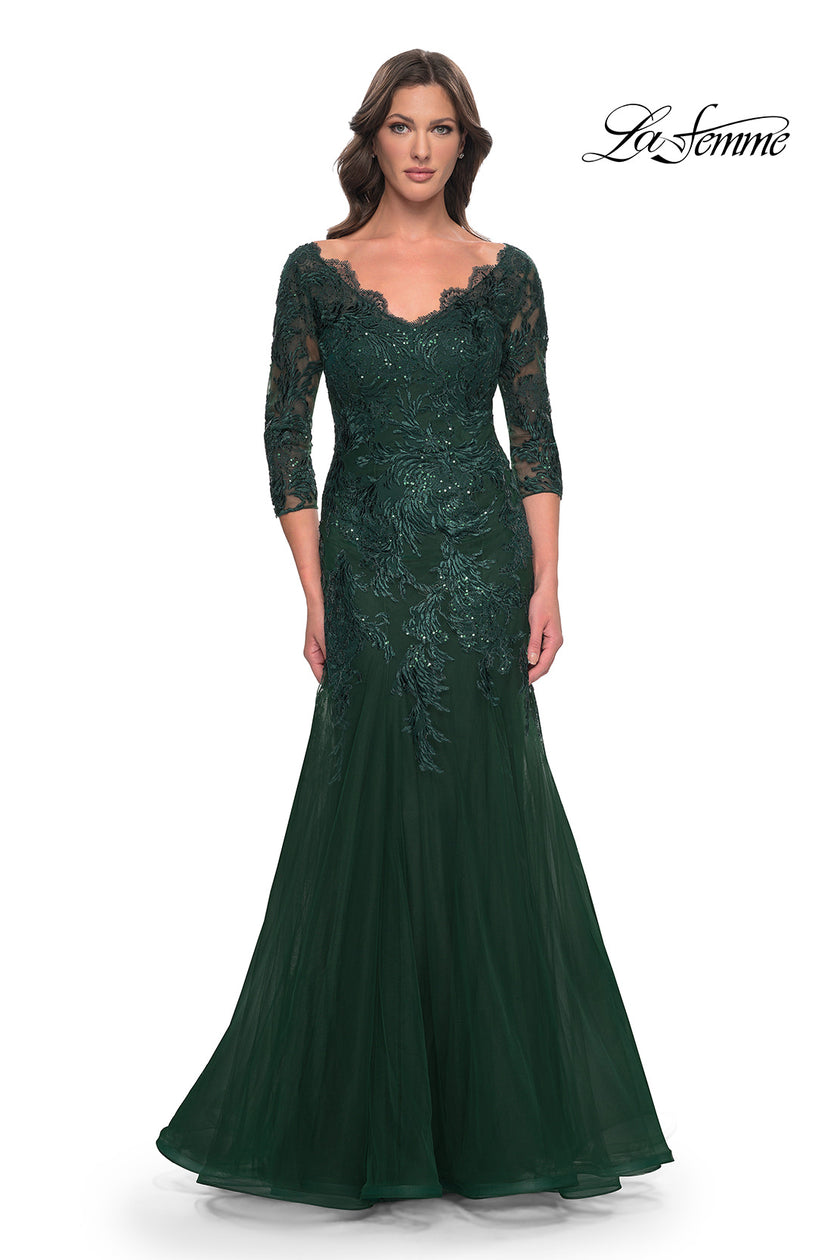 Picture of: Mermaid Tulle and Lace Dress with Scallop Detailed Neckline in Emerald, Style: 30823, Detail Picture 1