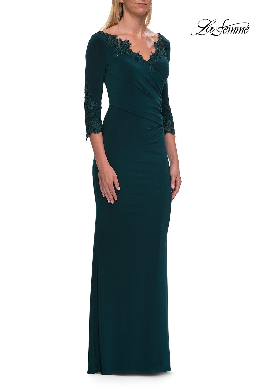 Picture of: V-Neck Lace Trim Gown with Three-Quarter Sleeves in Emerald, Style: 33658, Detail Picture 1