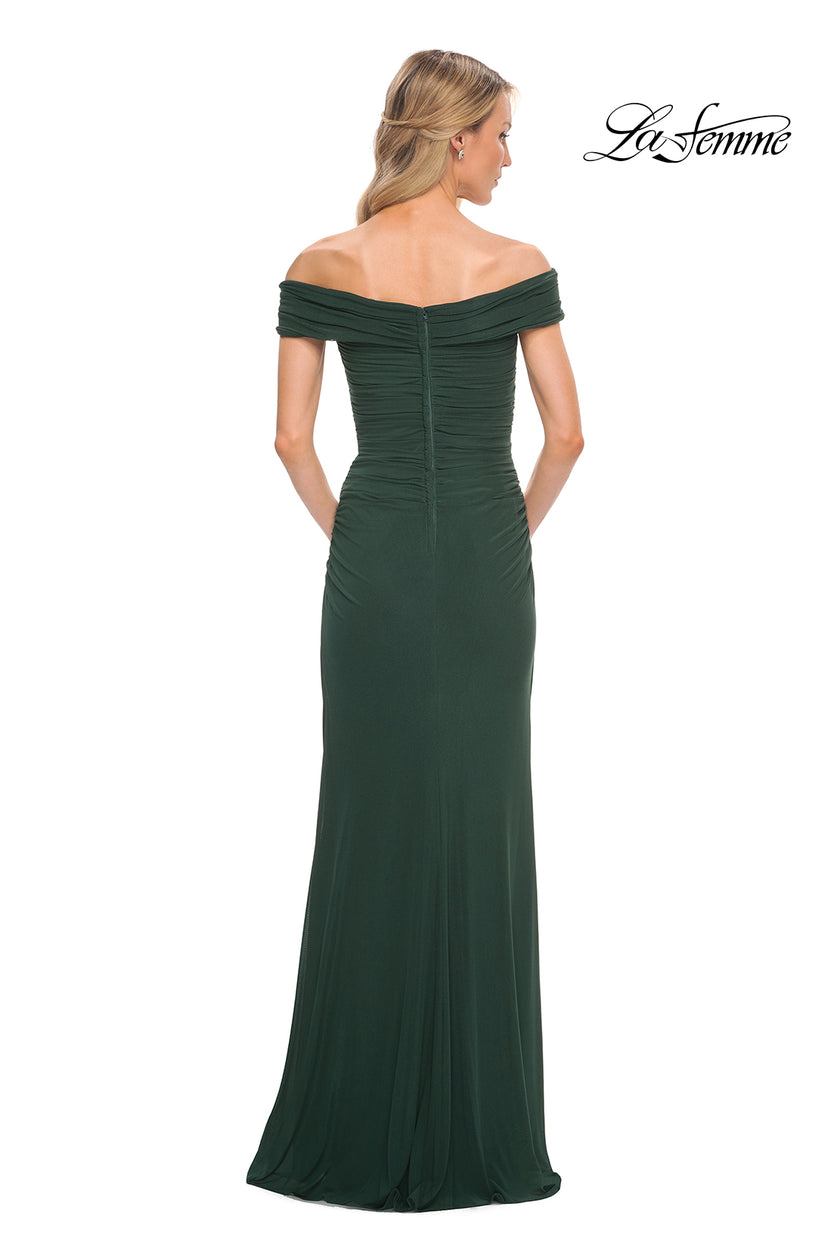 Picture of: Ruched Off the Shoulder Net Jersey Evening Dress in Emerald, Detail Picture 2