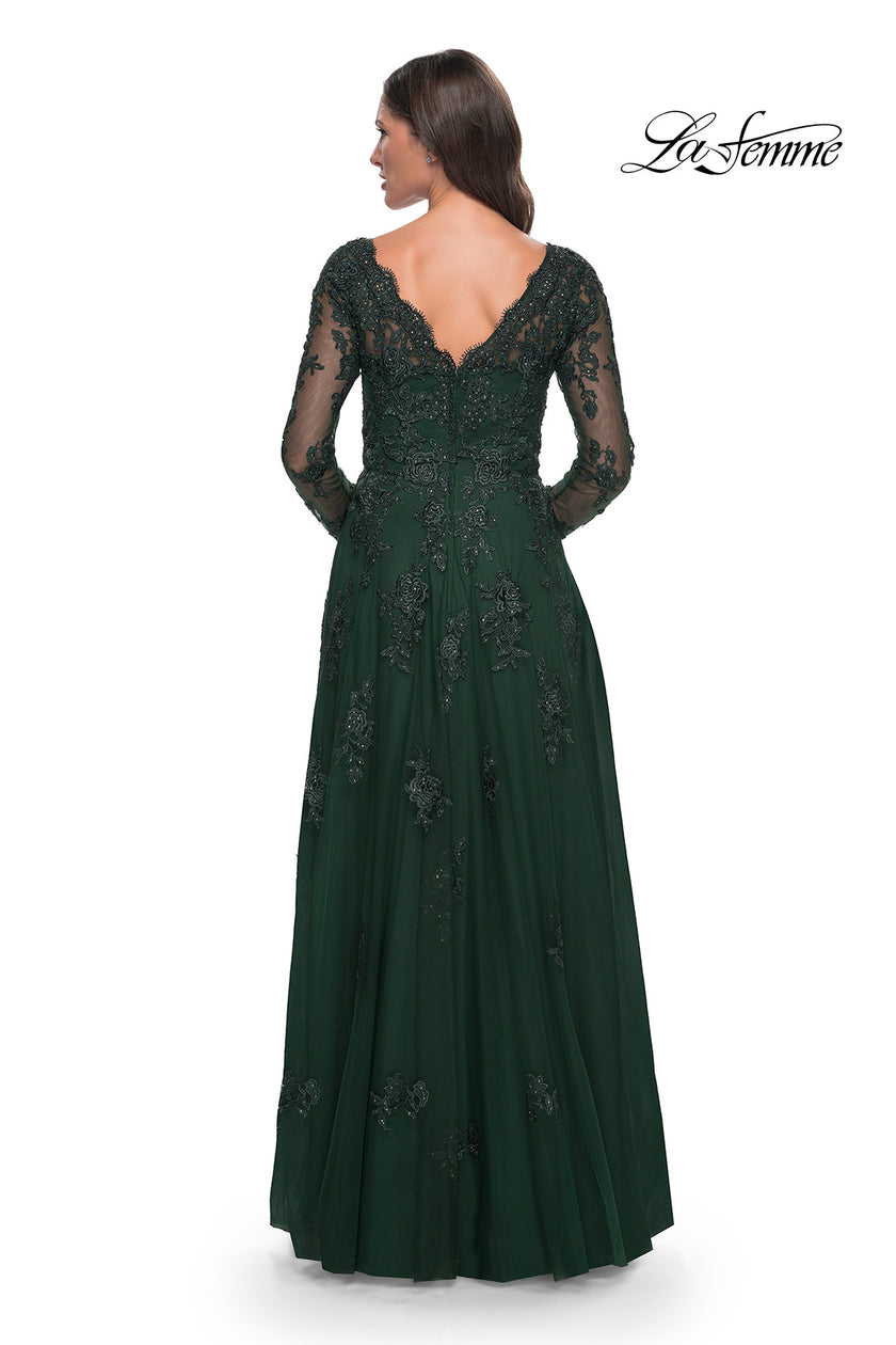 Picture of: Long Sleeve Lace and Tulle Dress with V Neckline in Emerald, Style: 30795, Detail Picture 2