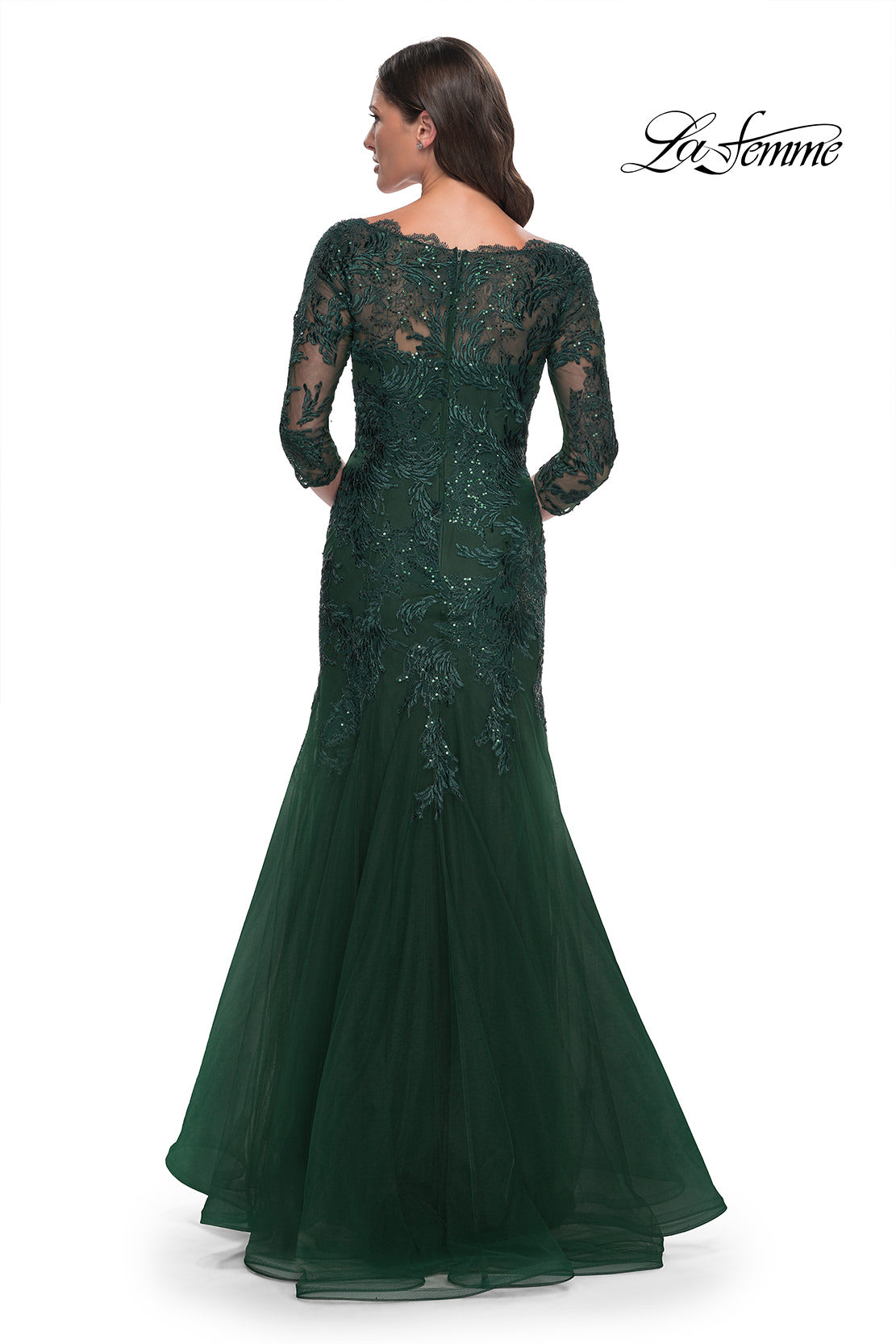 Picture of: Mermaid Tulle and Lace Dress with Scallop Detailed Neckline in Emerald, Style: 30823, Detail Picture 2