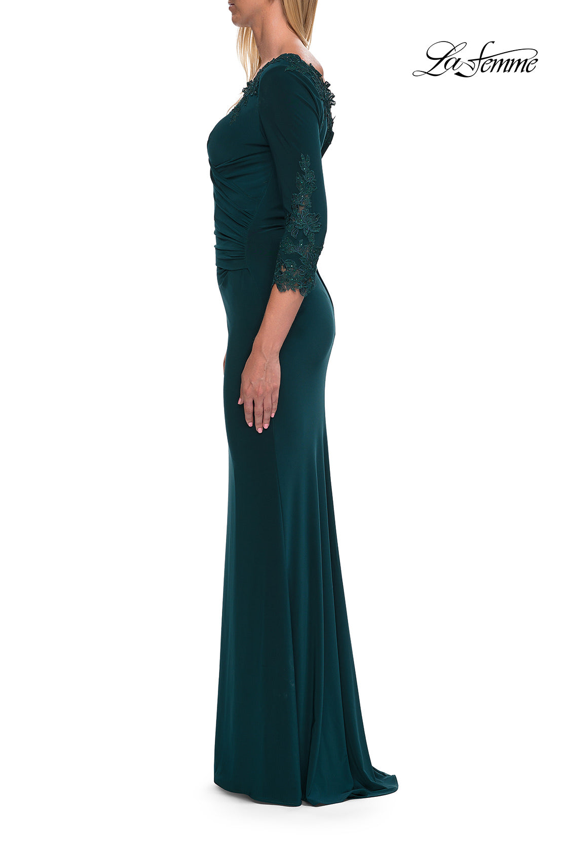 Picture of: V-Neck Lace Trim Gown with Three-Quarter Sleeves in Emerald, Style: 33658, Detail Picture 2