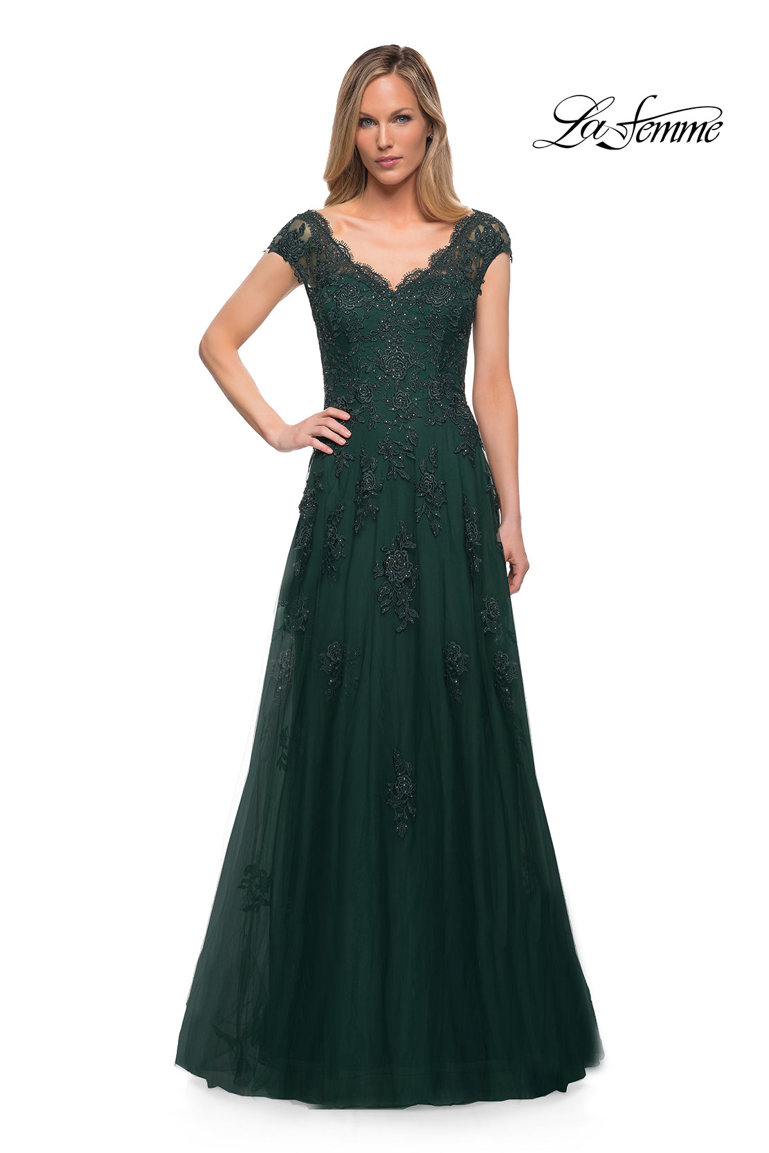 Picture of: Short Sleeve Lace Gown with Cascading Embellishments, Style: 26942, Detail Picture 3