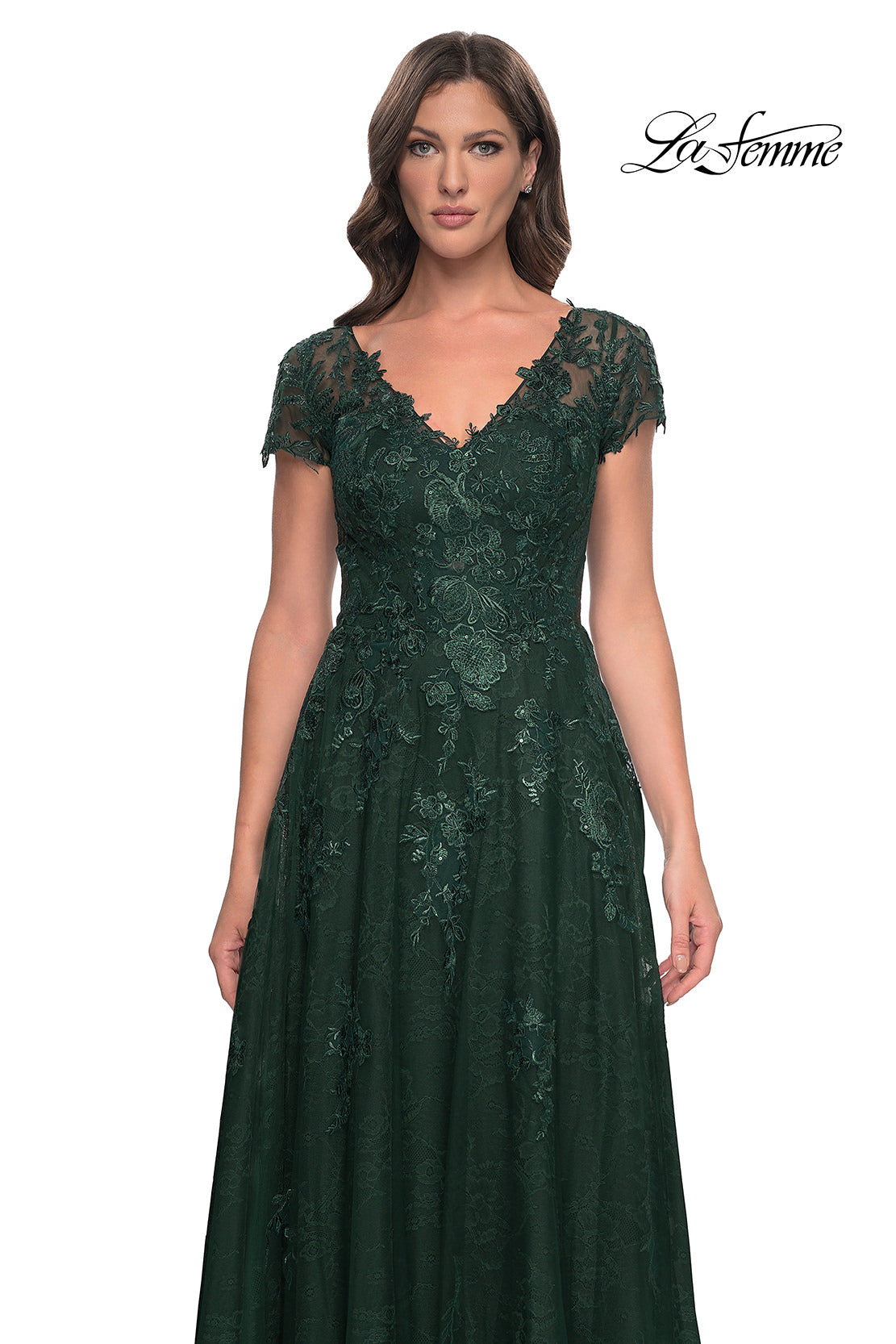 Picture of: A-Line Dress with Lace Applique and Sheer Short Sleeves in Emerald, Style: 30168, Detail Picture 3