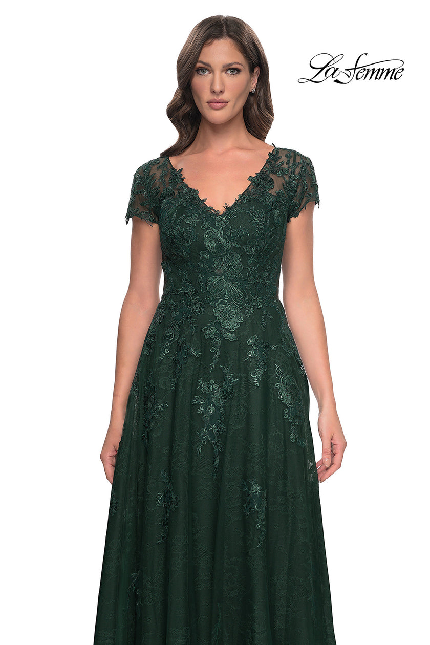 Picture of: A-Line Dress with Lace Applique and Sheer Short Sleeves in Emerald, Style: 30168, Detail Picture 3