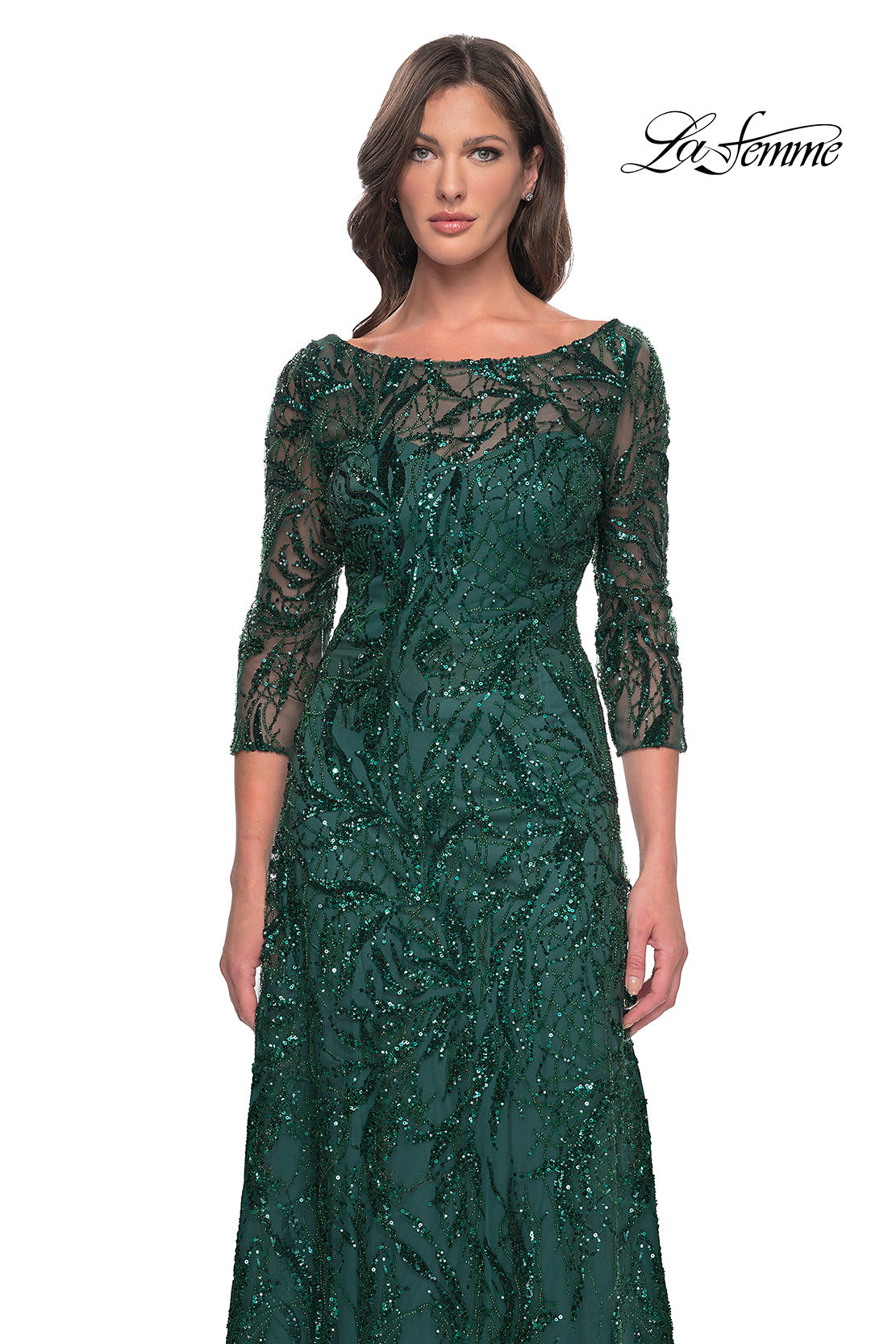 Picture of: Beautiful Beaded Long Dress with Illusion Sleeves in Emerald, Style: 31690, Detail Picture 3