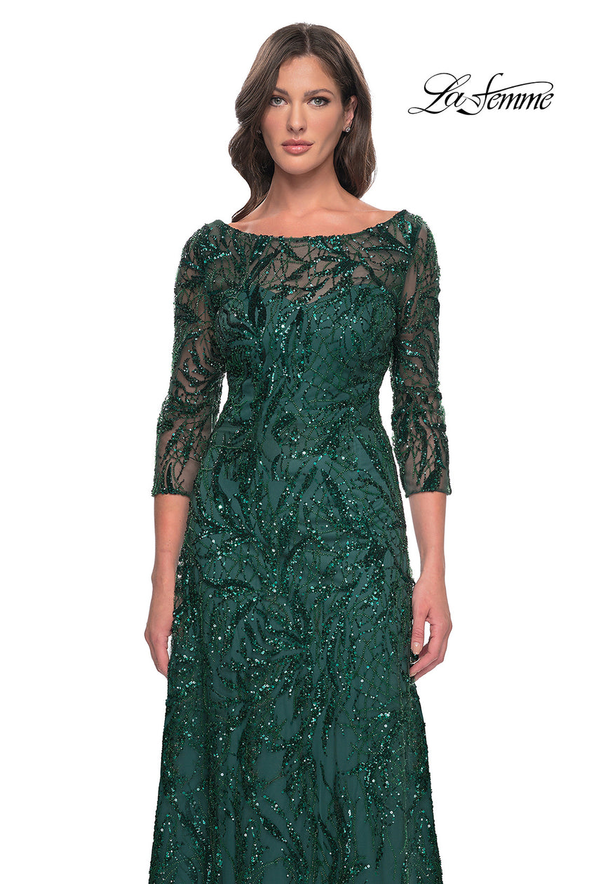Picture of: Beautiful Beaded Long Dress with Illusion Sleeves in Emerald, Style: 31690, Detail Picture 3