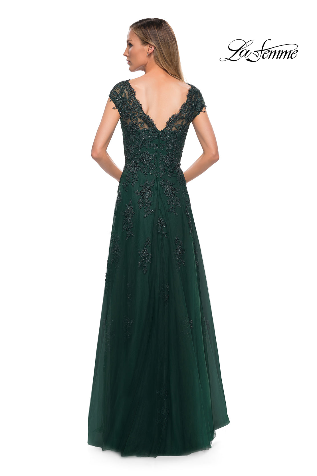 Picture of: Short Sleeve Lace Gown with Cascading Embellishments, Style: 26942, Detail Picture 4