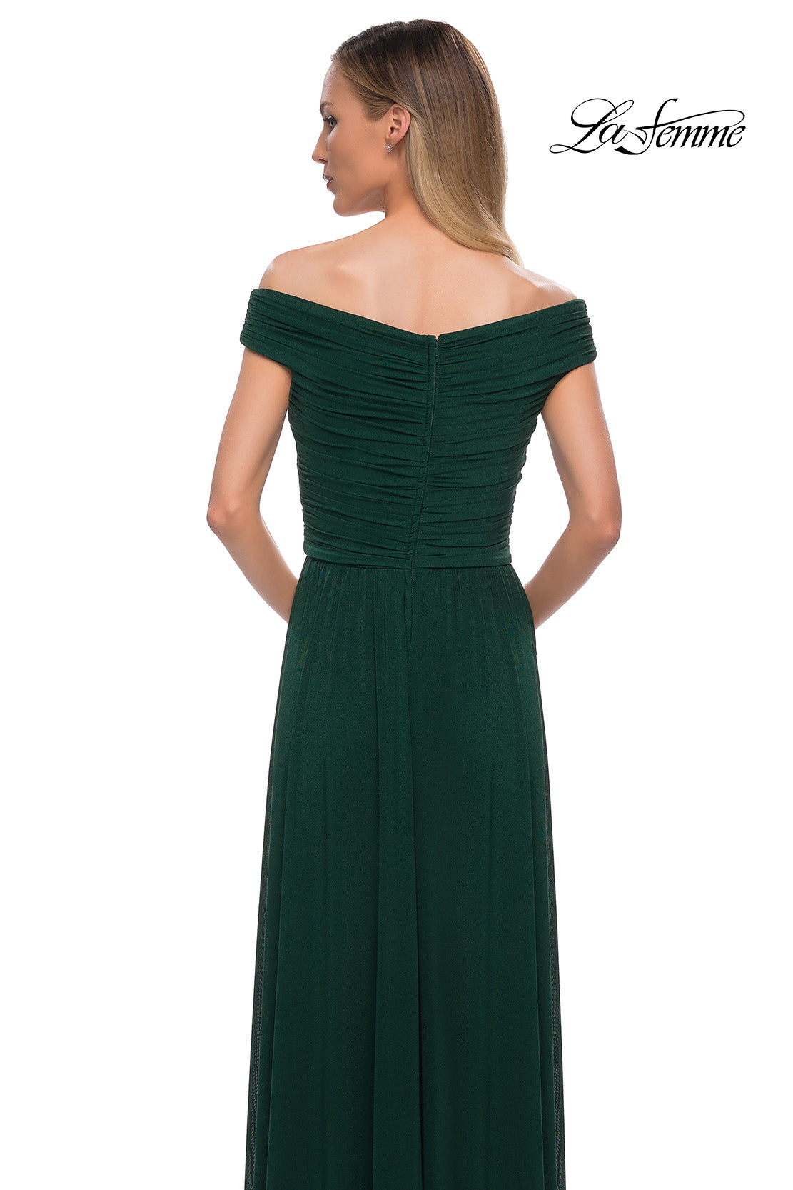 Picture of: Off the Shoulder Net Jersey Long Dress with Ruching in Emerald, Detail Picture 4