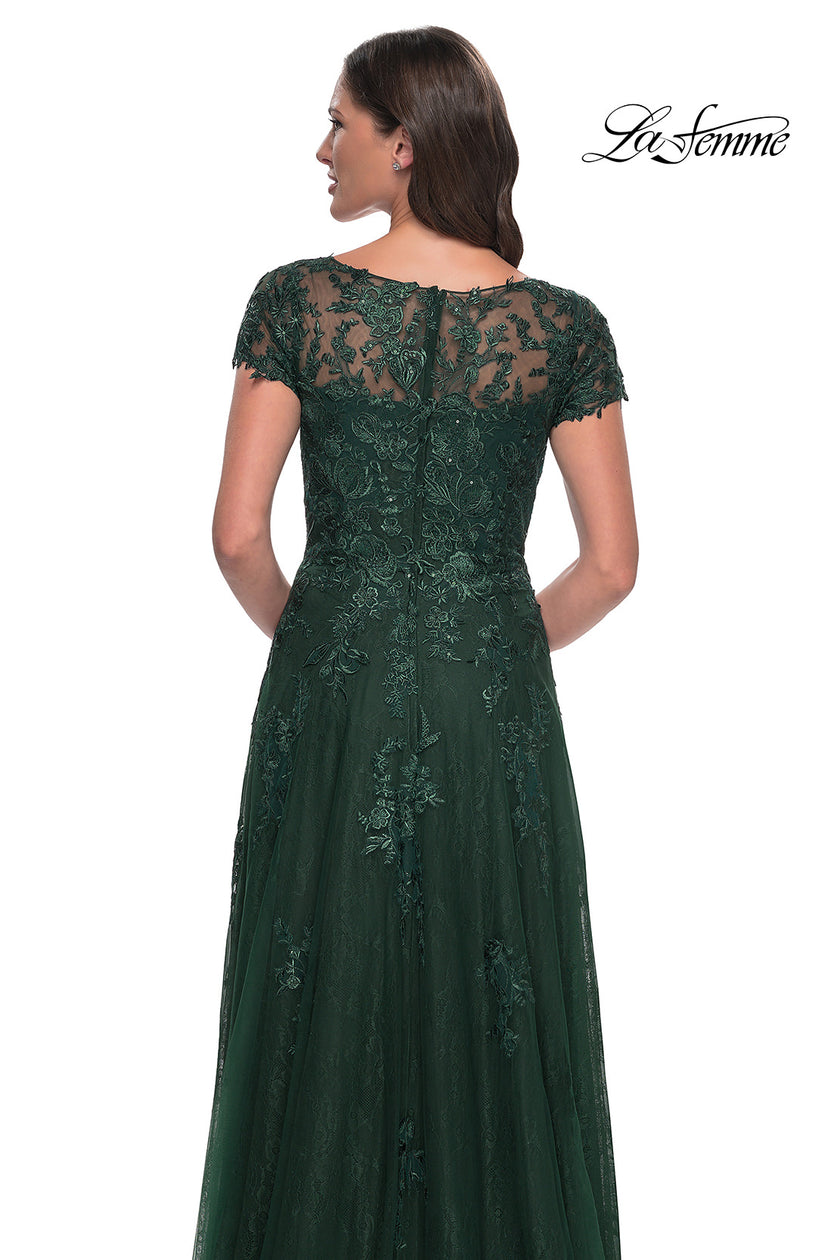 Picture of: A-Line Dress with Lace Applique and Sheer Short Sleeves in Emerald, Style: 30168, Detail Picture 4